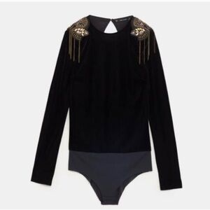 NWOT ZARA VELVET EMBELLISHED BLACK BODYSUIT